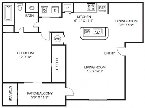Floor plan for 1 bed, 1 bath, 896 sqft